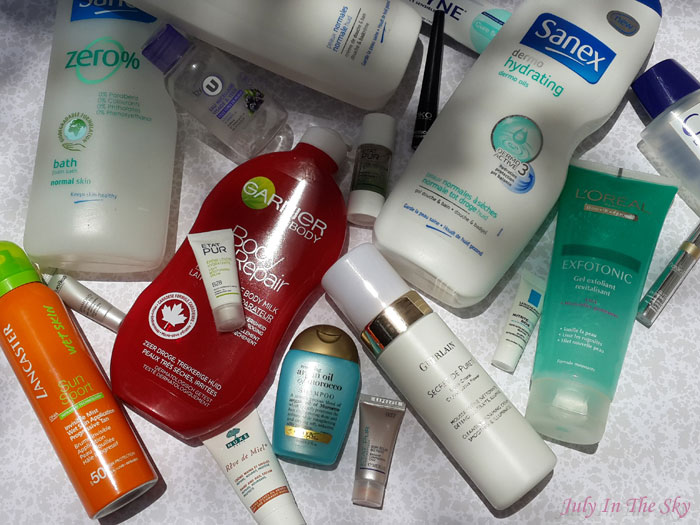 blog beauté produits terminés gel douche sanex dentifrice sensodyne gommage exfotonic l'oréal crème bodyrepair garnier brume sun sport lancaster reve de miel nuxe mousse secret pureté guerlain cils demasq démaquillant garnier eau micellaire u natura bissé état pur la roche posay shampoing argan oil of morocco organix eyeliner kiko